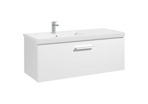 Imagen de UNIK, MUEBLE Y LAVABO, MODELO PRISMA  1 CAJON  BLANCO BRILLO CON LAVABO DESPLAZADO A LA IZQUIERDA.  MEDIDA 1100X460